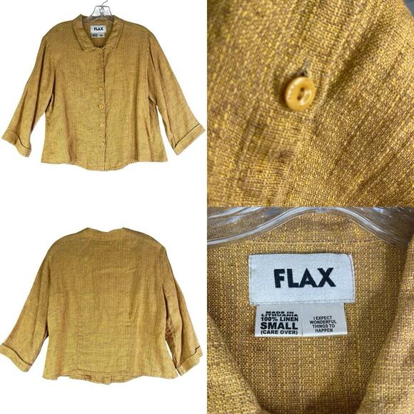 Flax Shirt Linen Button Up Women’s Size Small Yellow Lagenlook Long Sleeve - Picture 1 of 7